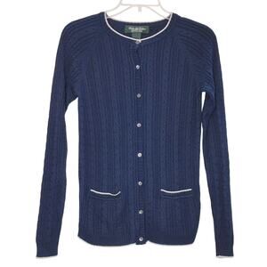 Brooks Brothers Cardigan Sweater Silk Blend Navy Blue Cable Knit Womens XS